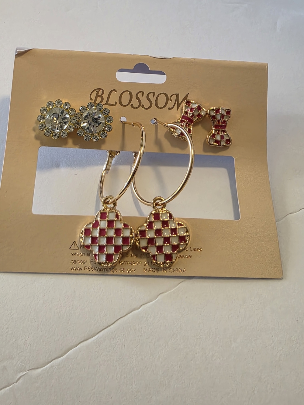 Fashion Jewelry Gold-Tone Hoop & Stud Earring Set with Red Check Enamel